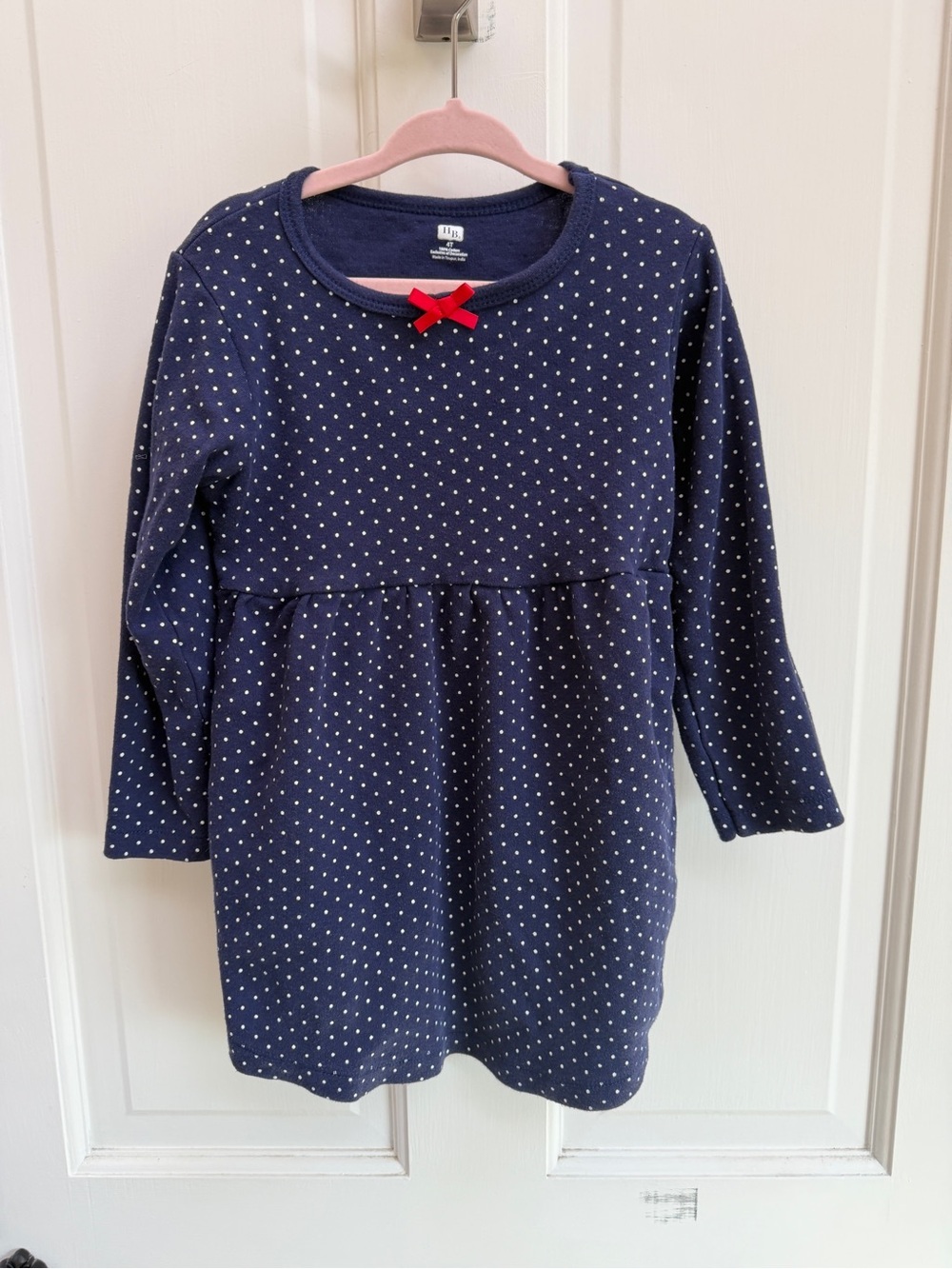 HB 4T Girls' Navy Polka Dot Long-Sleeve Casual Dress with Red Bow Accent